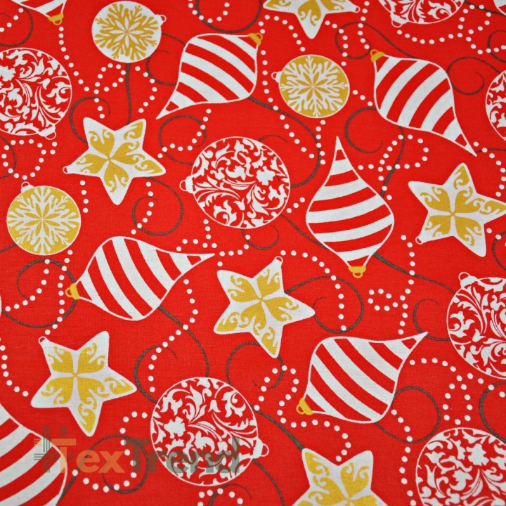 Baumwolle 100% Weihnachtsmuster goldene glänzende Kugeln auf rotem Hintergrund  