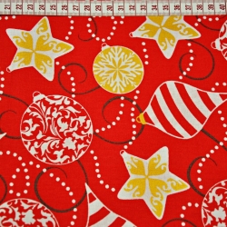 Baumwolle 100% Weihnachtsmuster goldene glänzende Kugeln auf rotem Hintergrund  