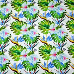 Baumwolle 100% Monstera-Blätter mit blauen Blumen auf weißem Hintergrund  