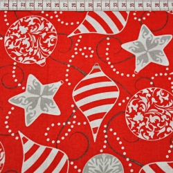 Baumwolle 100% Weihnachtsmuster graue Kugeln auf rotem Hintergrund  