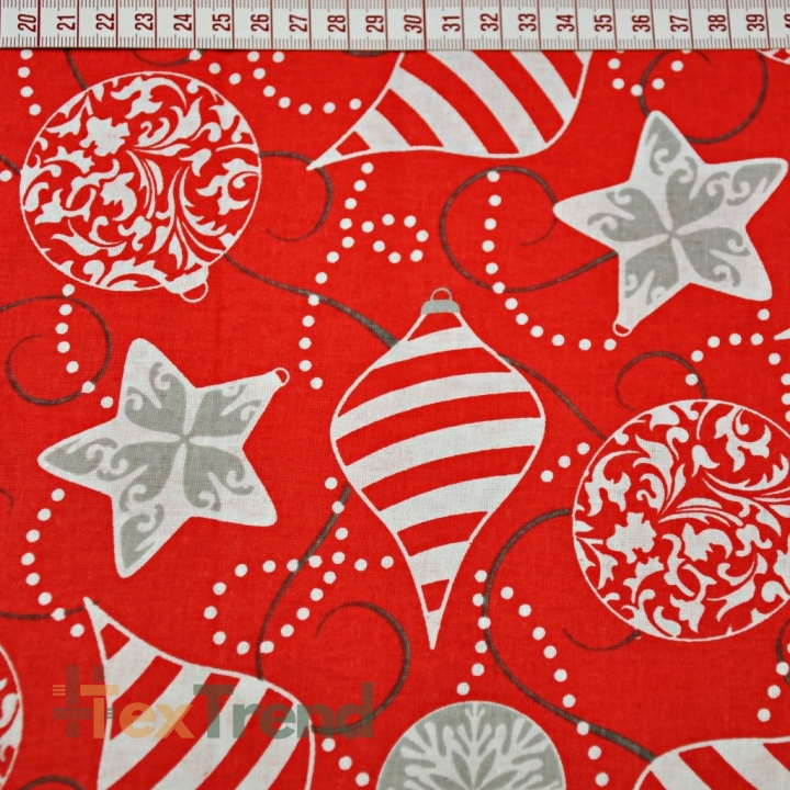 Baumwolle 100% Weihnachtsmuster graue Kugeln auf rotem Hintergrund  