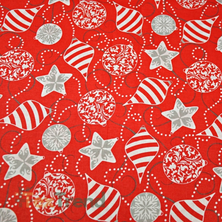 Baumwolle 100% Weihnachtsmuster graue Kugeln auf rotem Hintergrund  