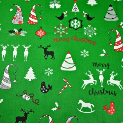 Baumwolle 100% Weihnachtsmuster Rentiere und Tannenbäume auf grünem Hintergrund  