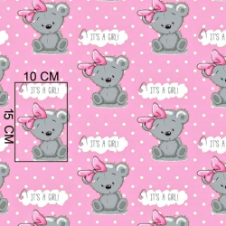 Baumwolle 100% Bären GIRL auf rosa mit weißen Punkten Hintergrund  