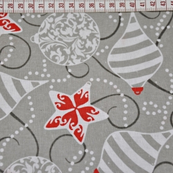 Baumwolle 100% Weihnachtsmuster rote Kugeln auf grauem Hintergrund  