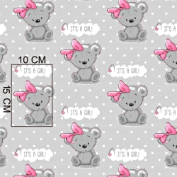 Baumwolle 100% Bären GIRL auf grauem mit weißen Punkten Hintergrund  