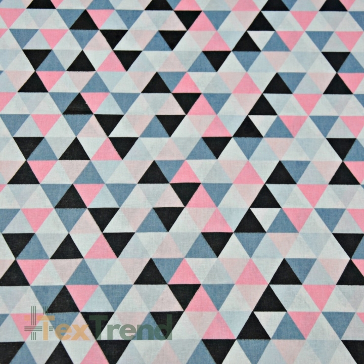 Baumwolle 100% kleine Dreiecke grau-rosa-schwarz auf weißem Hintergrund  