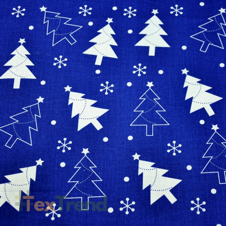 Baumwolle 100% Weihnachtsmuster weiße Tannenbäume auf dunkelblauem Hintergrund  