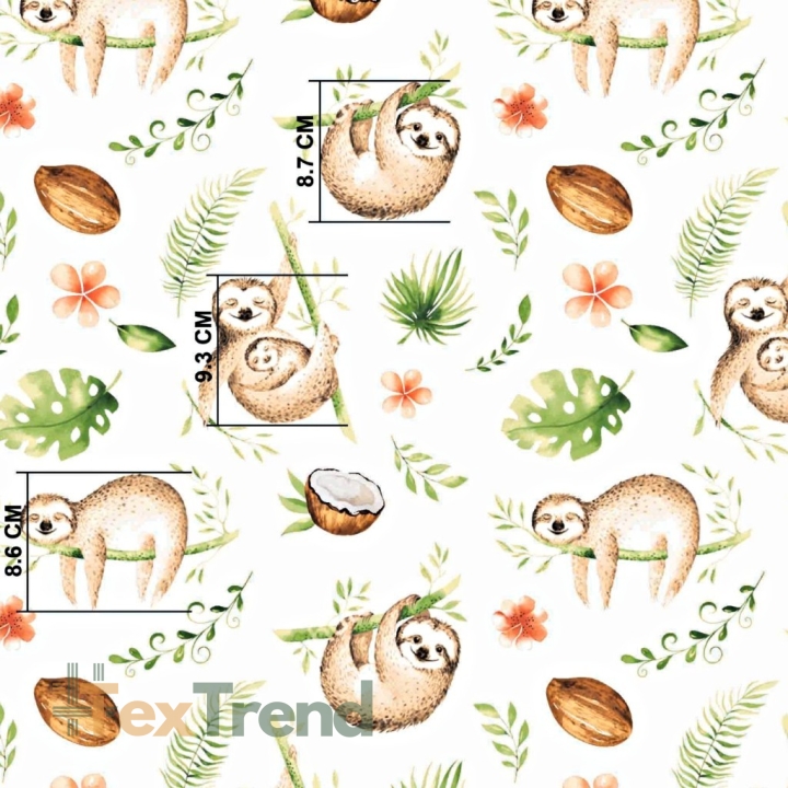 Baumwolle 100% Faultiere beige-grün auf weißem Hintergrund  