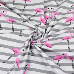 Baumwolle 100% Flamingos mit grauen Streifen auf weißem Hintergrund  