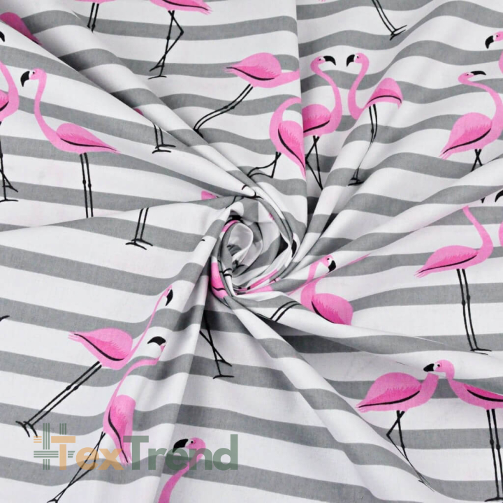Baumwolle 100% Flamingos mit grauen Streifen auf weißem Hintergrund  