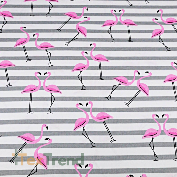 Baumwolle 100% Flamingos mit grauen Streifen auf weißem Hintergrund  