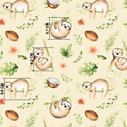 Baumwolle 100% Faultiere beige-grün auf ecrufarbenem Hintergrund  