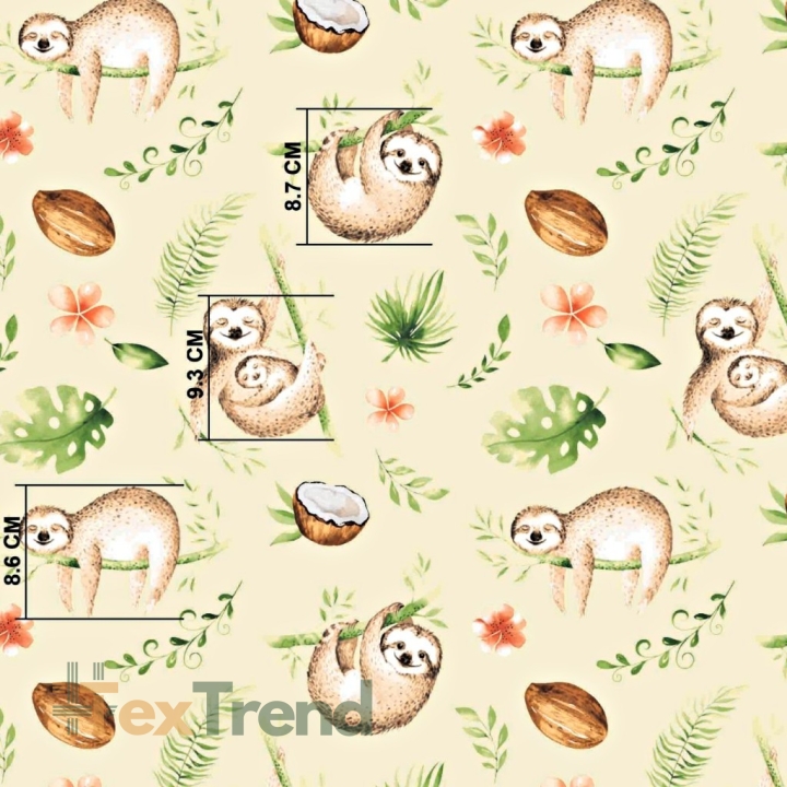 Baumwolle 100% Faultiere beige-grün auf ecrufarbenem Hintergrund  