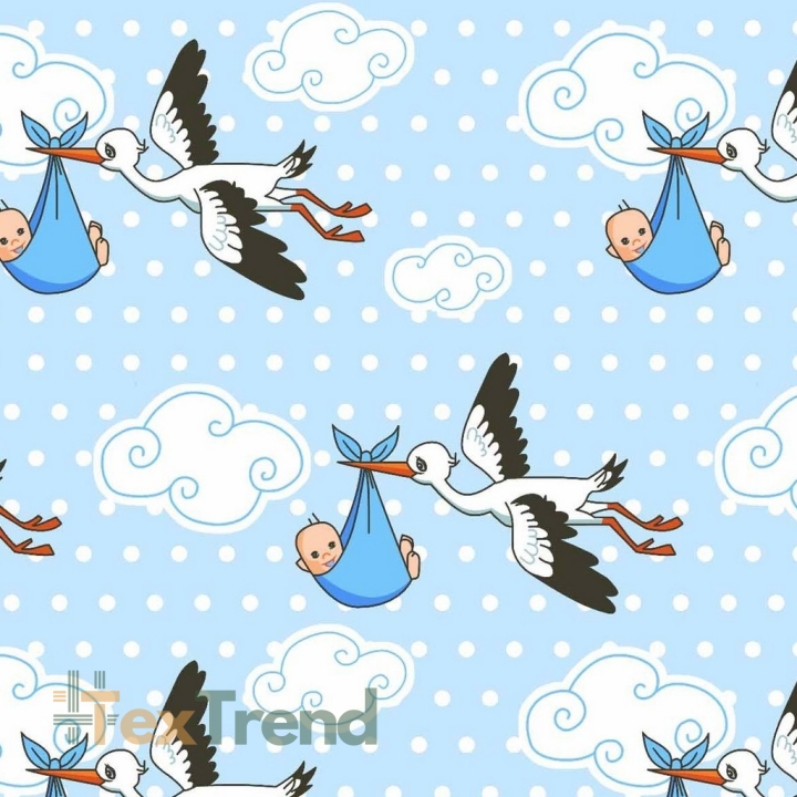 Baumwolle 100% Störche auf hellblauem Hintergrund  