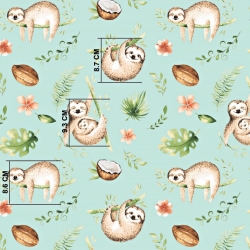 Baumwolle 100% Faultiere beige-grün auf mintfarbenem Hintergrund  