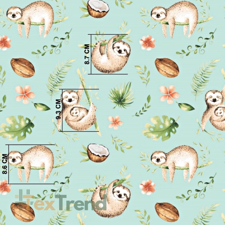 Baumwolle 100% Faultiere beige-grün auf mintfarbenem Hintergrund  