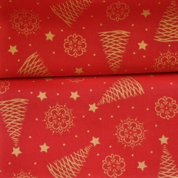 Baumwolle 100% Weihnachtsmuster goldene und glänzende Tannenbäume auf rotem Hintergrund  
