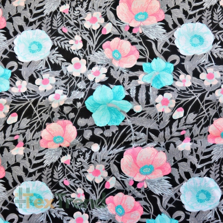 Baumwolle 100% Mohnblumen auf schwarzer Wiese  