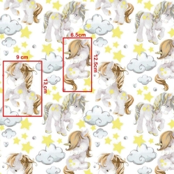 Baumwolle 100% Einhörner mit gelben Sternen auf weißem Hintergrund  