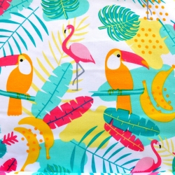 Baumwolle 100% pastellfarbene Tukane und Flamingos auf weißem Hintergrund  