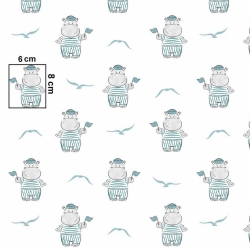 Baumwolle 100% BOY Nilpferde auf weißem Hintergrund  