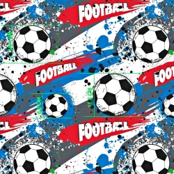 Baumwolle 100% Fußball blau-grau-rot auf weißem Hintergrund  