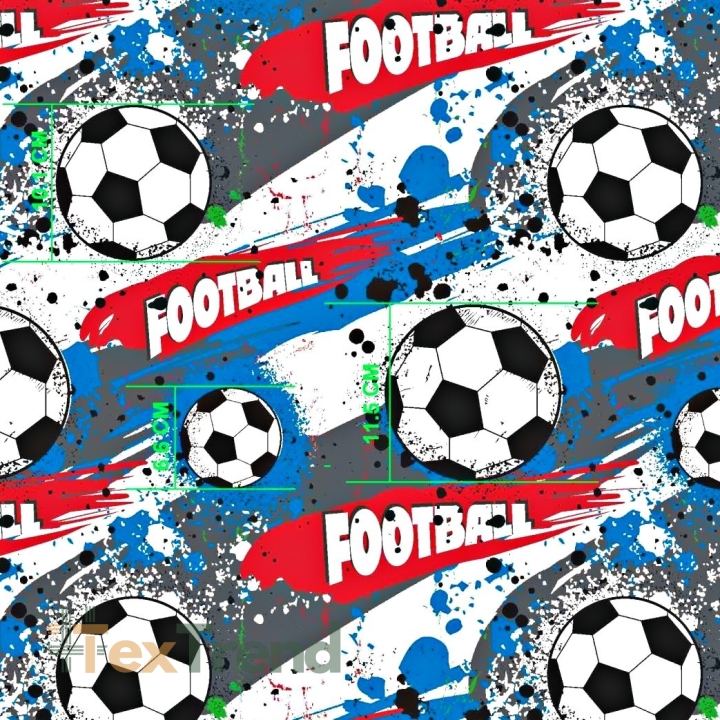 Baumwolle 100% Fußball blau-grau-rot auf weißem Hintergrund  