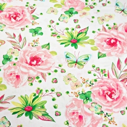 Baumwolle 100% große Blumen mit Schmetterlingen rosa-grün auf weißem Hintergrund  