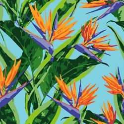 Baumwolle 100% Blumen Strelitzien auf blauem Hintergrund  