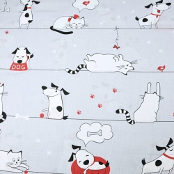 Baumwolle 100% Hunde und Katzen in Streifen auf grauem Hintergrund  
