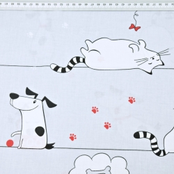 Baumwolle 100% Hunde und Katzen in Streifen auf grauem Hintergrund  