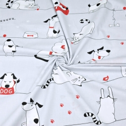 Baumwolle 100% Hunde und Katzen in Streifen auf grauem Hintergrund  