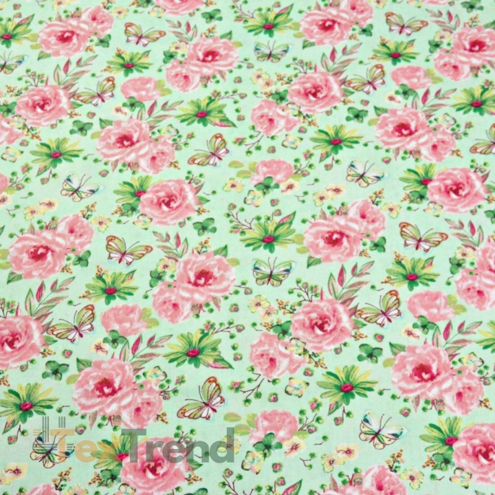 Baumwolle 100% Blumen mit Schmetterlingen rosa-grün auf grünem Hintergrund  