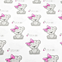 Baumwolle 100% Bären GIRL mit rosa Schleife auf weißem Hintergrund  