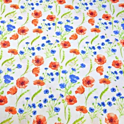 Baumwolle 100% Blumen Mohn und Kornblumen auf weißem Hintergrund  