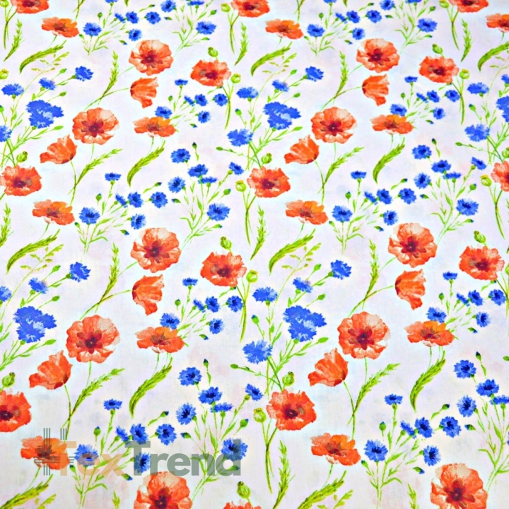 Baumwolle 100% Blumen Mohn und Kornblumen auf weißem Hintergrund  
