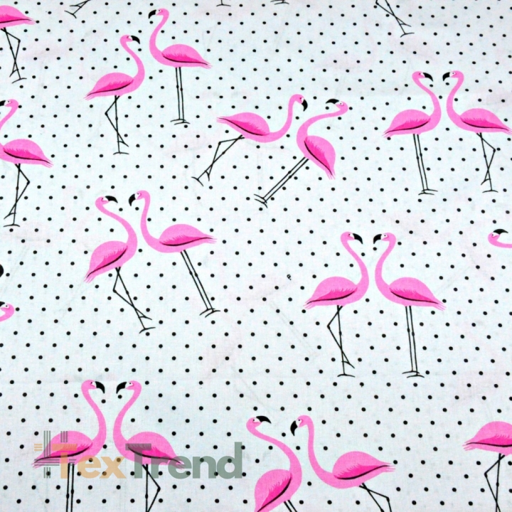 Baumwolle 100% Flamingos mit schwarzen Punkten auf weißem Hintergrund  