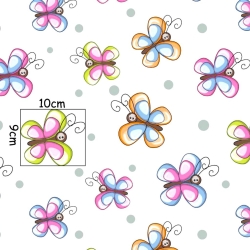 Baumwolle 100% bunte Schmetterlinge mit grauen Punkten auf weißem Hintergrund  