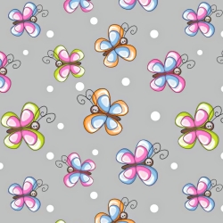 Baumwolle 100% bunte Schmetterlinge mit weißen Punkten auf grauem Hintergrund  