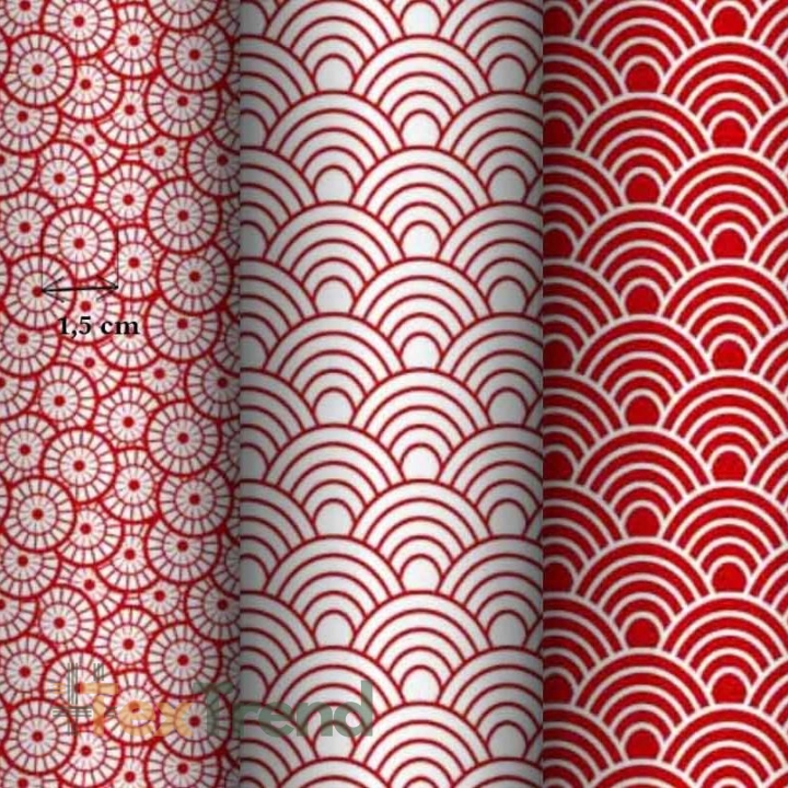 Baumwolle 100% geometrische Rosette rot auf weißem Hintergrund  
