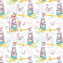 Baumwolle 100% goldene Eulen auf Ästen auf weißem Hintergrund  