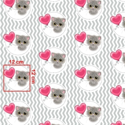 Baumwolle 100% Katzen mit rosa Ballon auf weiß-grauem Zickzack-Hintergrund  