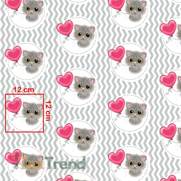 Baumwolle 100% Katzen mit rosa Ballon auf weiß-grauem Zickzack-Hintergrund  