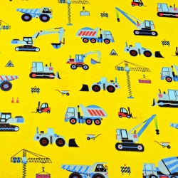 Baumwolle 100% Bauarbeiten blau auf gelbem Hintergrund  