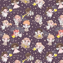 Baumwolle 100% goldene Engelchen beige auf dunkelviolettem Hintergrund  