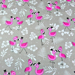 Baumwolle 100% neue rosa Flamingos mit Blättern auf grauem Hintergrund  