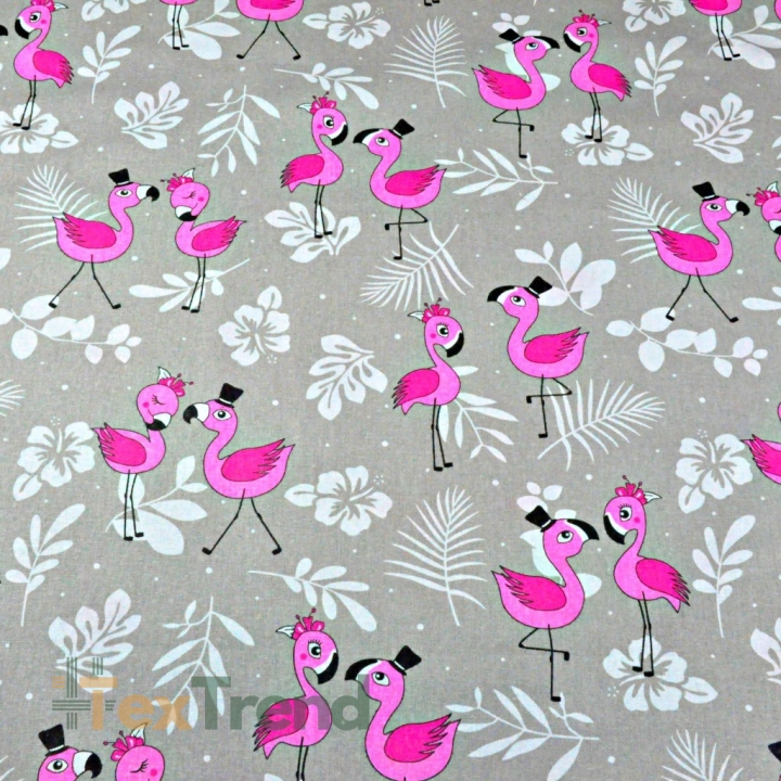Baumwolle 100% neue rosa Flamingos mit Blättern auf grauem Hintergrund  