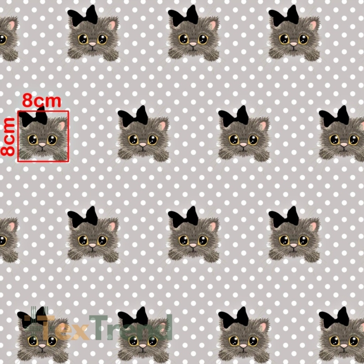 Baumwolle 100% Katzen auf grauem Hintergrund mit weißen Punkten  