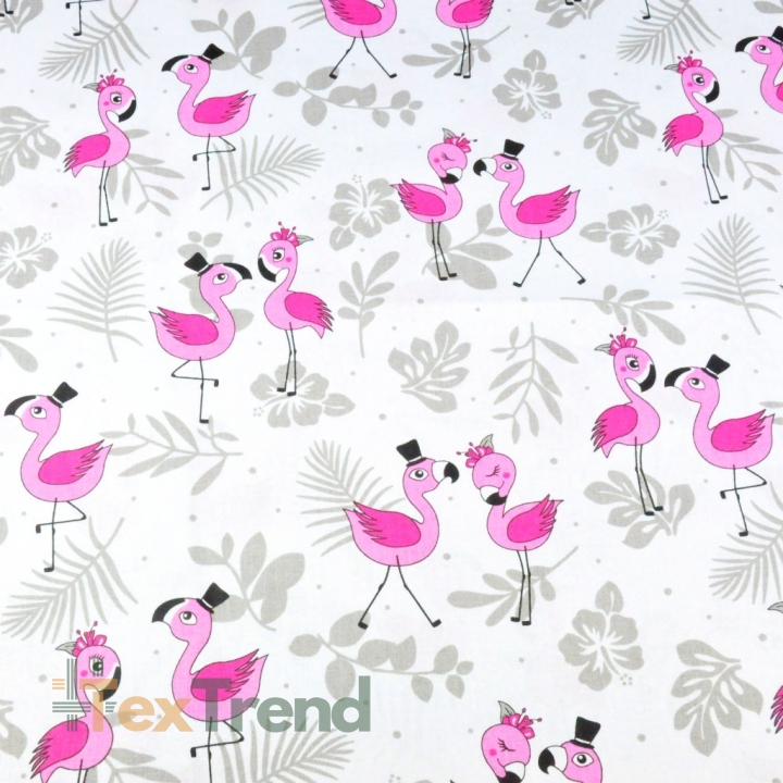 Baumwolle 100% neue rosa Flamingos mit Blättern auf weißem Hintergrund  